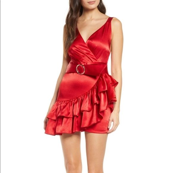 Bronx and Banco red satin belted dress, size XL (10) - Picture 1 of 14
